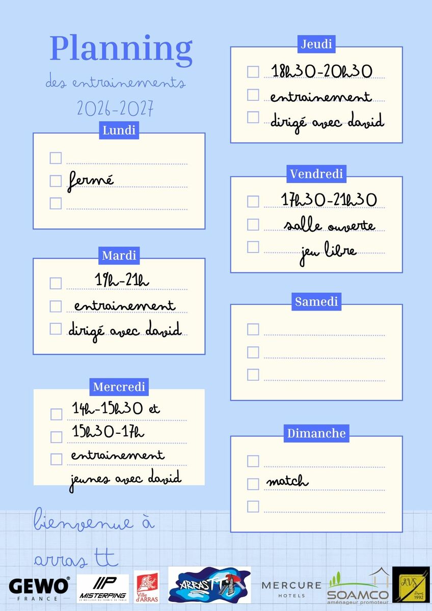 Planning des entrainements 2026-2027