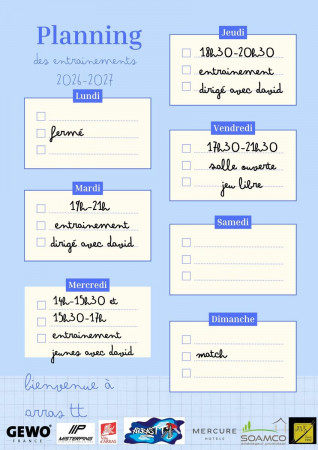 Planning des entrainements 2026-2027
